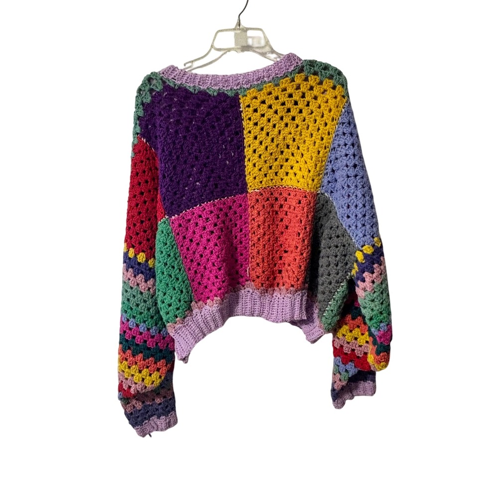 Handmade Crochet Patchwork Sweater Rainbow Granny Square Checkerboard Cropped - Picture 8 of 10